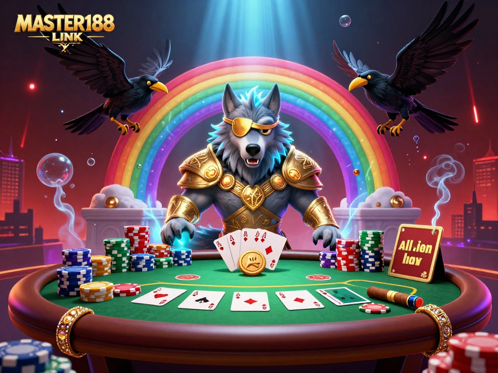 Engage with MASTER188 LINK, an exciting digital illustration depicting Odin with ravens at a rainbow chip bridge amid dynamic poker elements, showcasing the thrill of Arabian casinos.