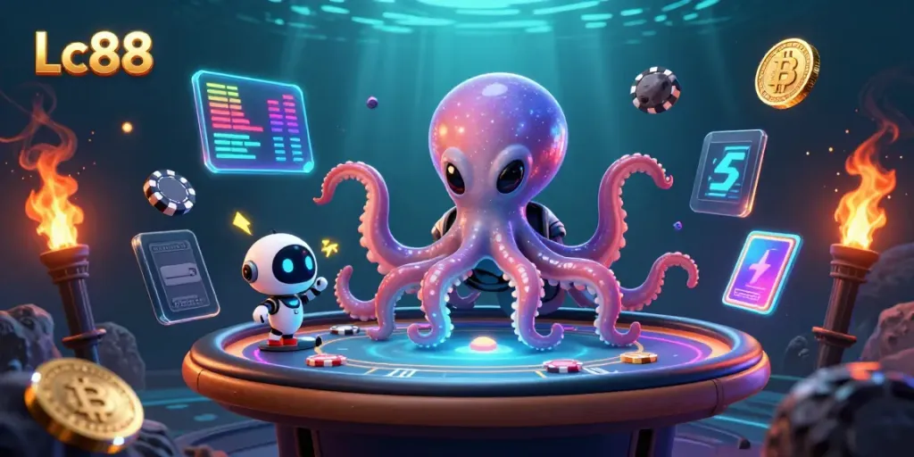 Engage with Lc88's cosmic gambling scene featuring an alien octopus at a poker table.