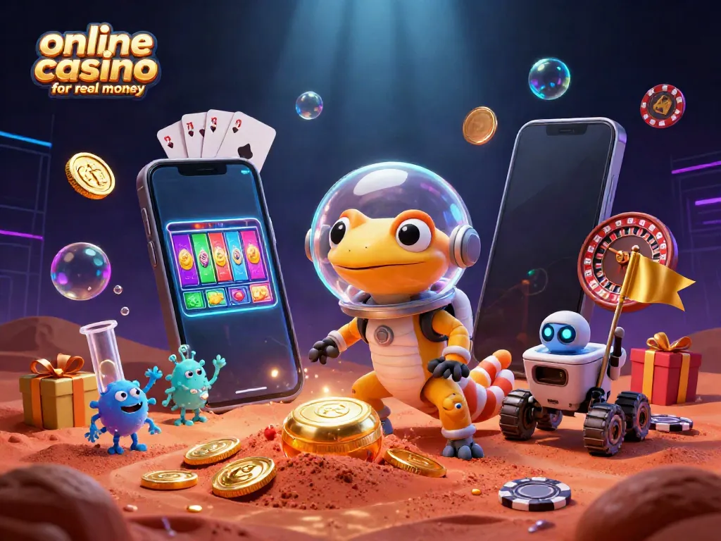 Play online casino games for real money with a vibrant Martian theme and dynamic game elements.