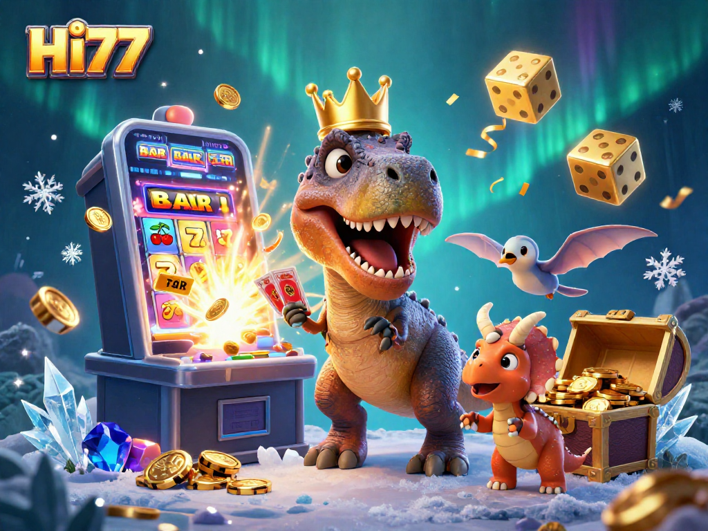 Experience the excitement of HI77 with a vibrant casino scene featuring animated characters, jackpots, and gaming action.