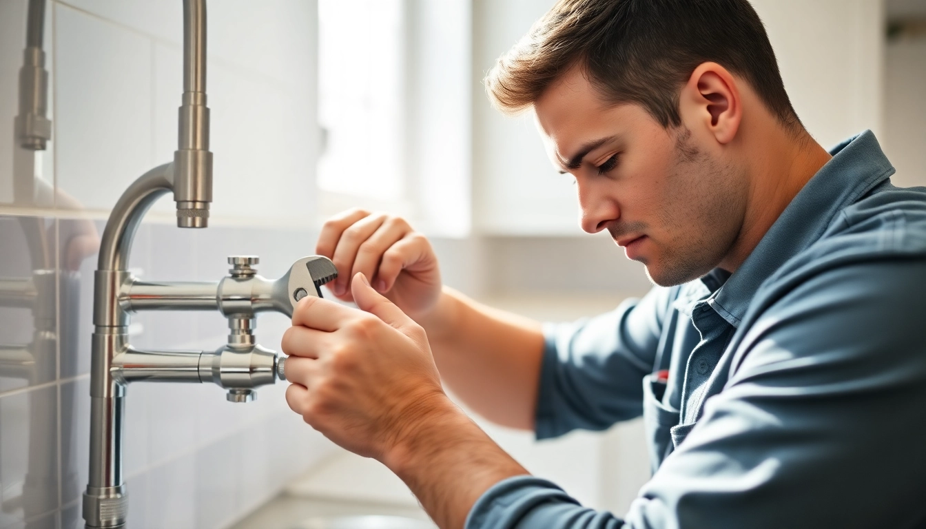Expert plumber near me fixing a kitchen pipe in a bright, modern kitchen setting.
