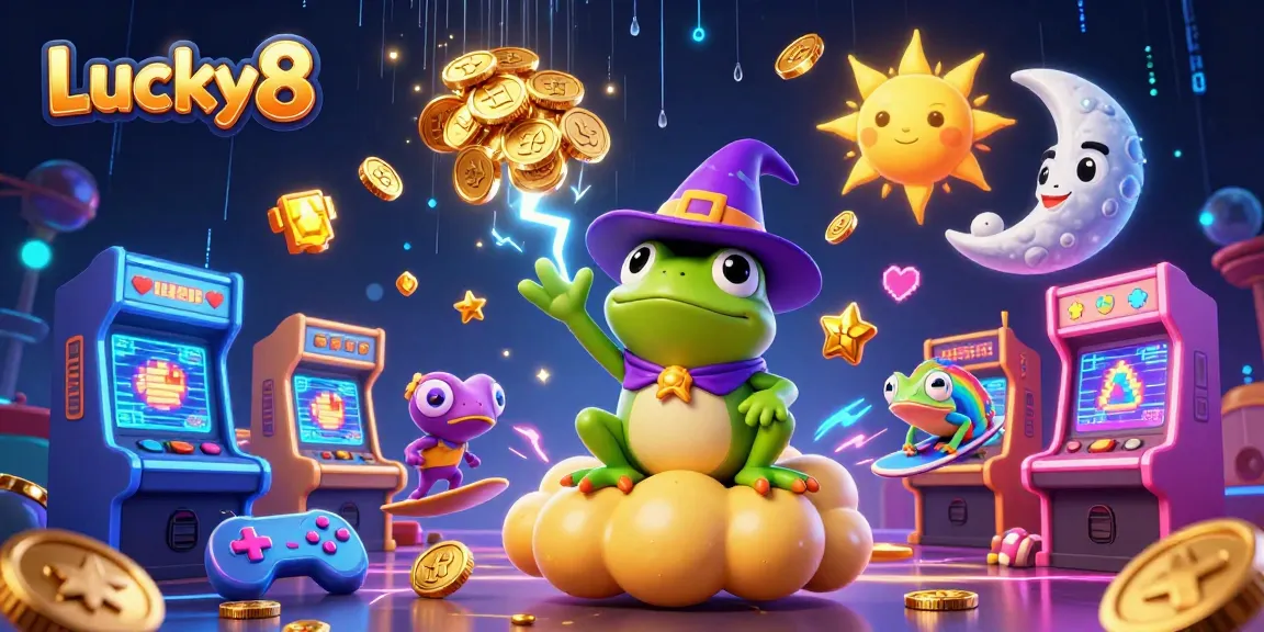 Experience the thrill of Lucky8 as a weather wizard frog conjures coins amidst a vibrant casino atmosphere.