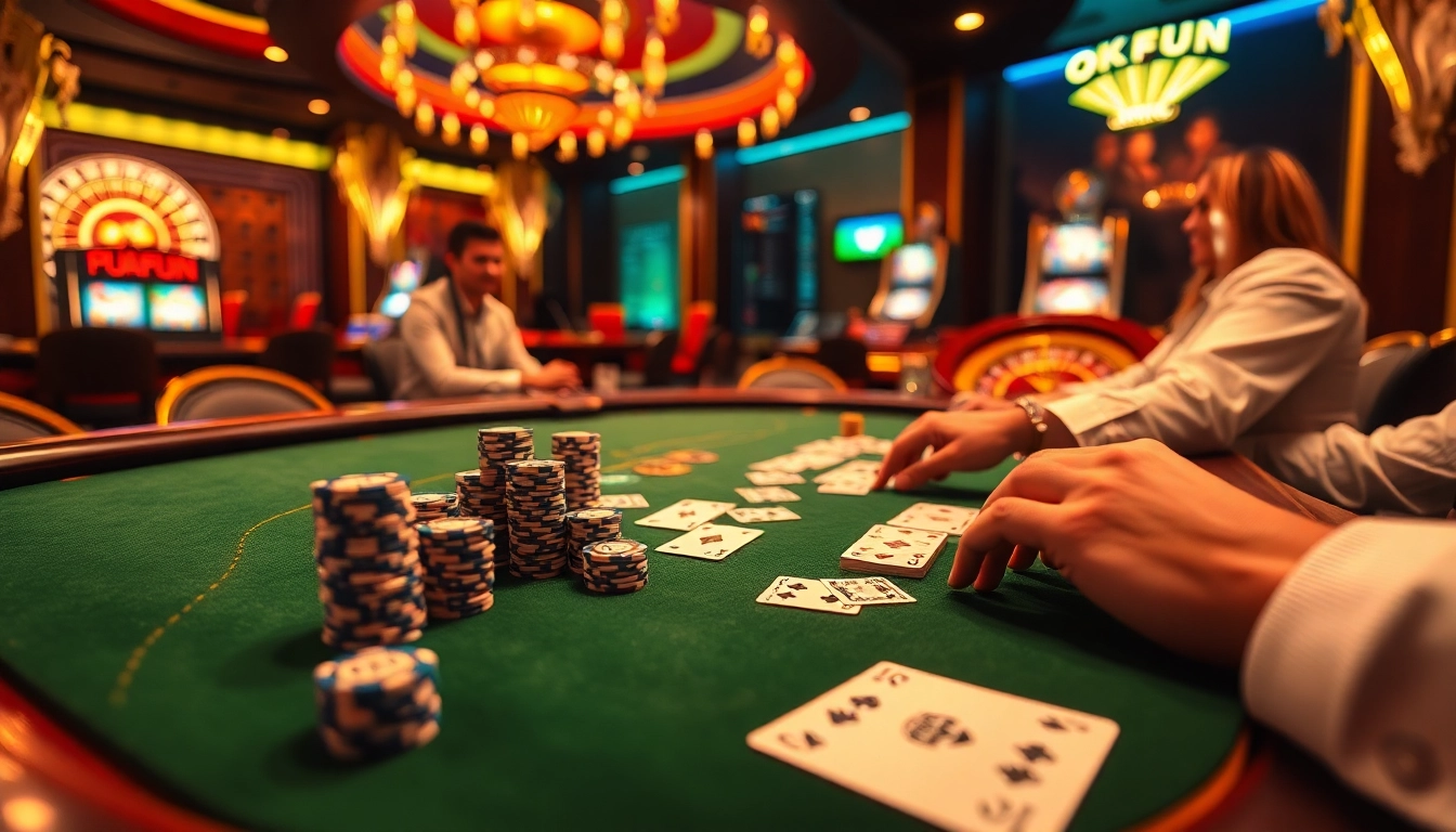 Action-packed scene at Nhà Cái OKFUN casino with players at a vibrant gaming table, showcasing poker chips and cards.