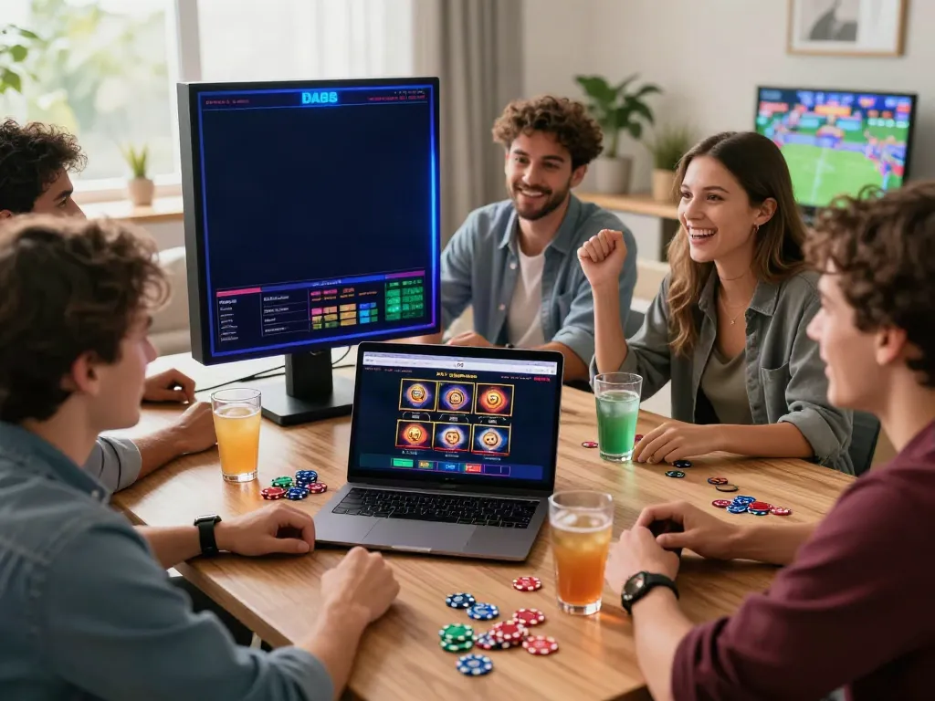 Friends enjoying DA88 online gaming experience in a vibrant living room.