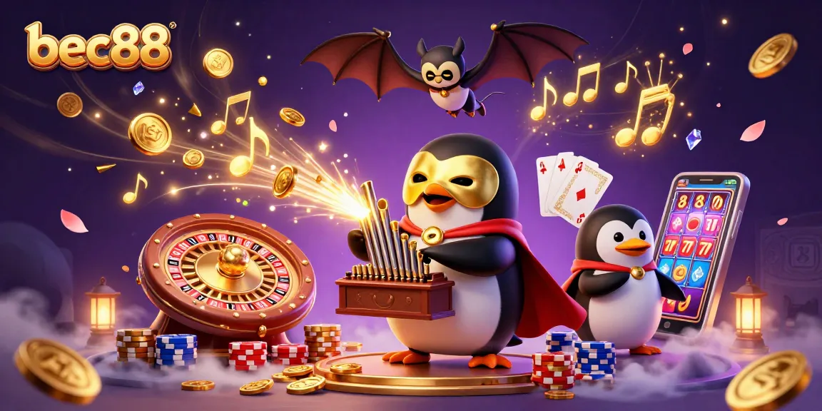 Win with bec88 as the cartoon phantom penguin plays an organ shooting golden coins, igniting casino magic.