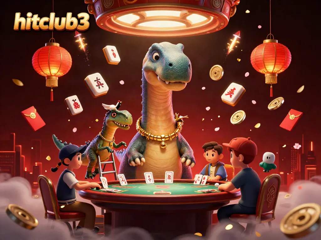 Experience the excitement of hitclub3 with a vibrant 3D illustration of a dinosaur-themed casino scene.