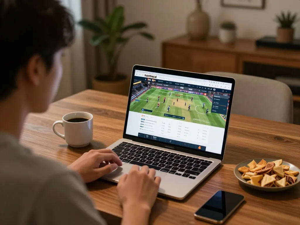 Engaging in keonhacai sports betting from home with laptop and live game commentary.