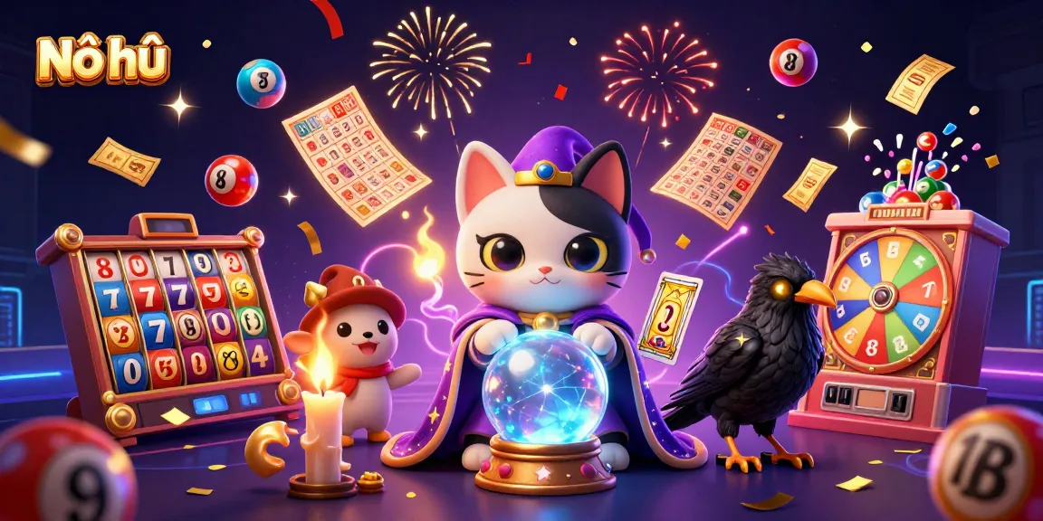 Nổ hũ: Engage with a captivating 3D scene featuring a fortune teller cat and slot elements.