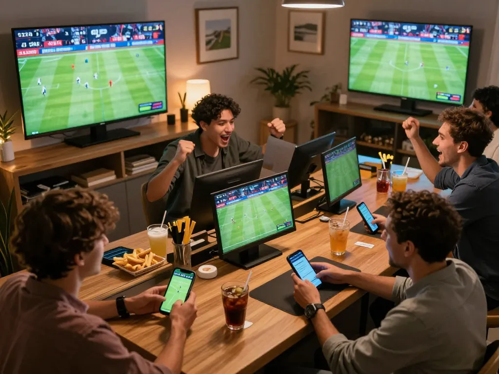 Engaged fans placing bets on worldcup2026 matches using smartphone in a lively home setting.