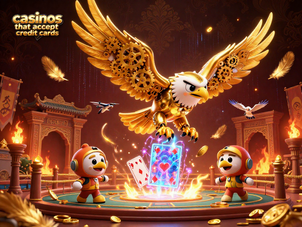Experience the thrill at casinos that accept credit cards with golden eagle swirling through holographic cards.