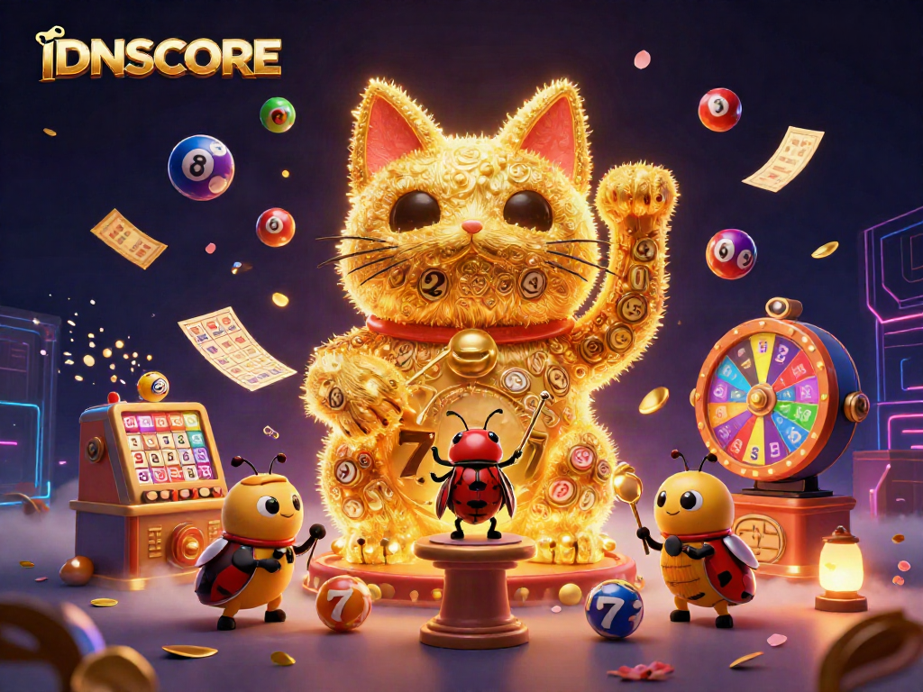 Engage with IDNSCORE's vibrant gambling universe featuring a lucky cat and dynamic casino symbols.