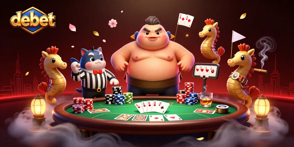 Experience debet's thrilling underwater poker scene with a sumo fugu, catfish referee, and vibrant seahorse fans.