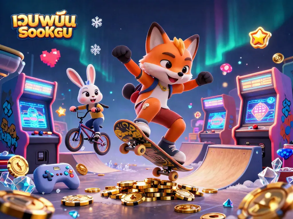 กราฟิกการ์ตูน 3D ที่แสดงการเล่นพนันออนไลน์และกิจกรรมคาสิโนอย่างสนุกสนาน