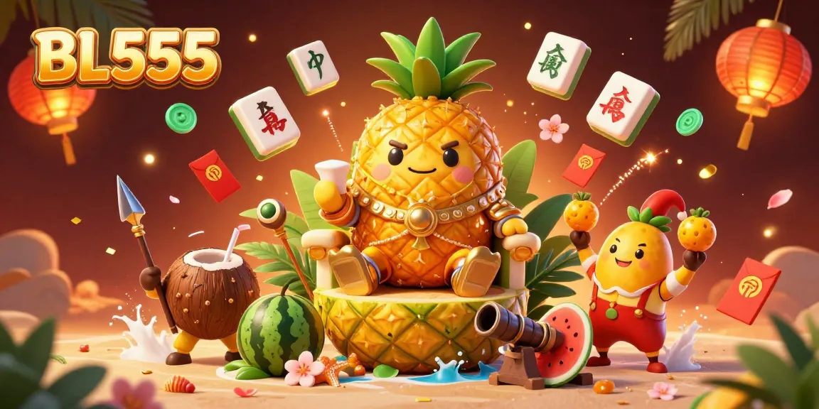 Experience the vibrant beach casino scene at BL555 with the pineapple king and festive elements.