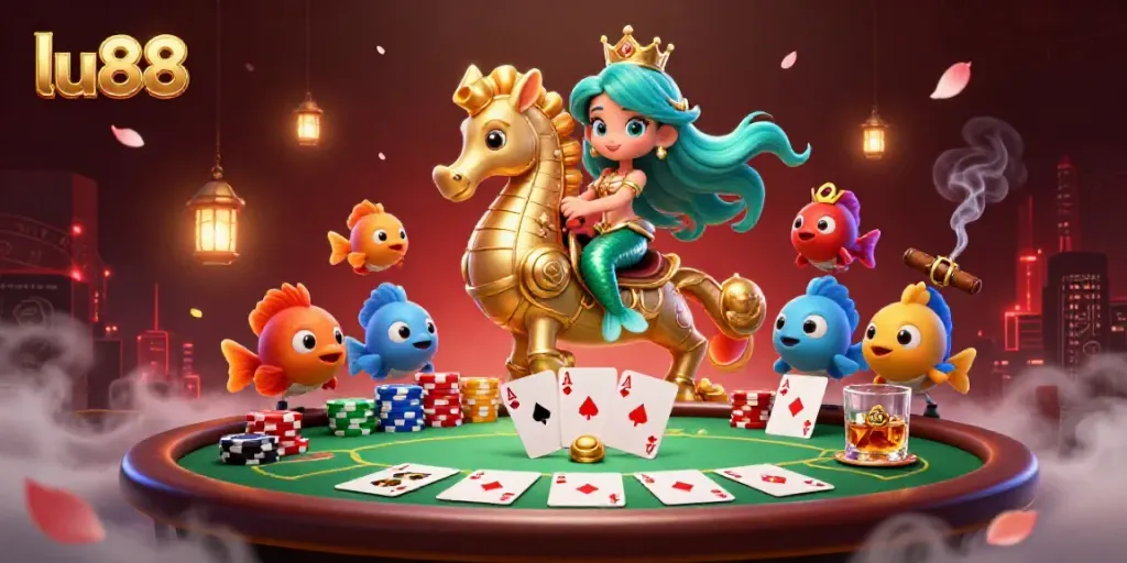 Engage with lu88’s vibrant slot adventure featuring a colorful mermaid scene surrounded by poker elements.