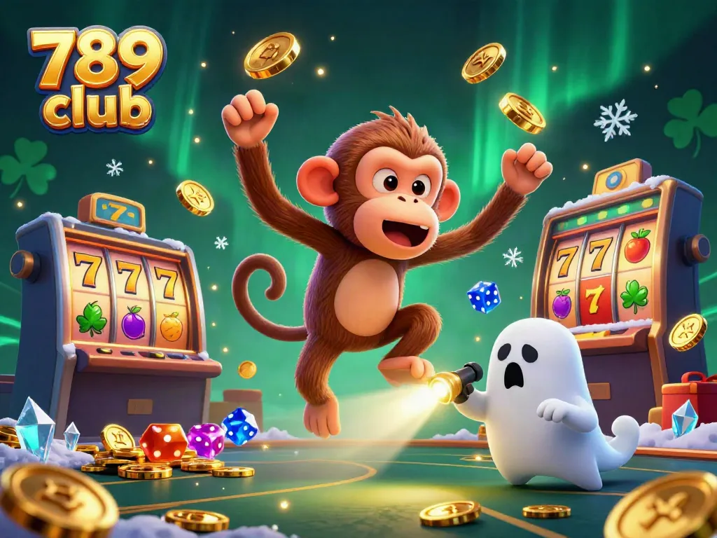Engage with the energetic 789 club scene featuring dynamic game elements and playful characters in a vibrant casino atmosphere.