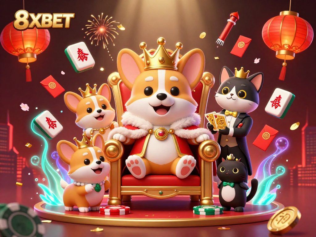 Engage in thrilling gameplay with 8XBET as royal corgis celebrate around golden casino elements.