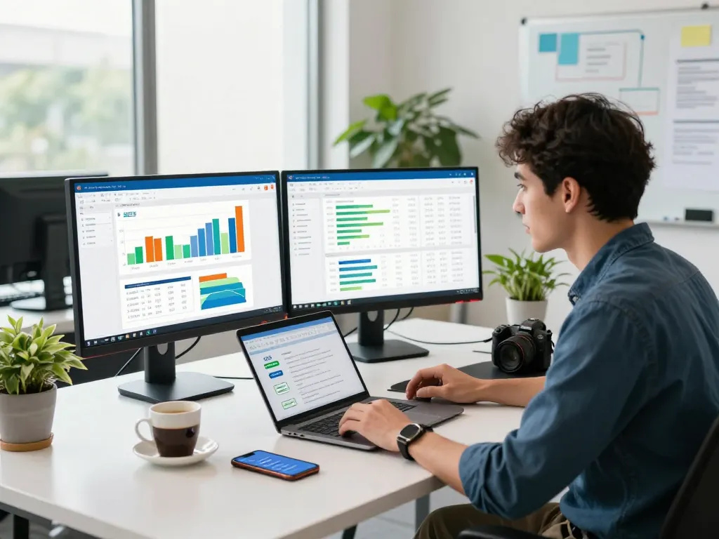 Digital marketer analyzing data on group buy SEO tools at a modern workspace.