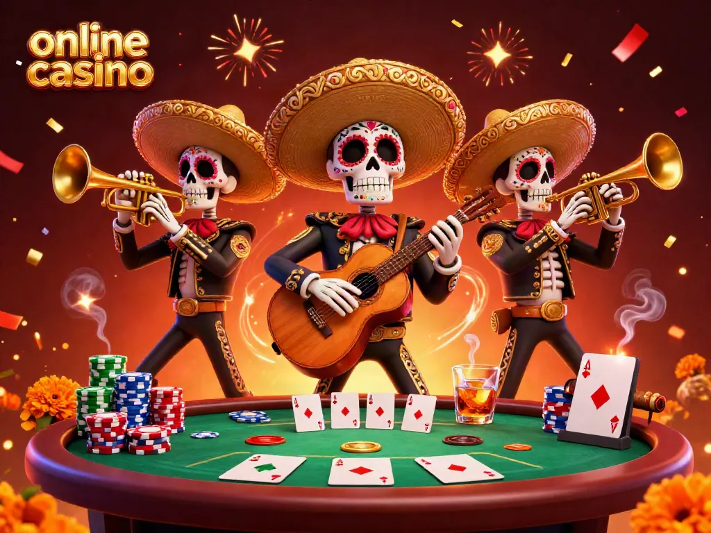 Jugando al póker en un casino online con una colorida banda de mariachi.