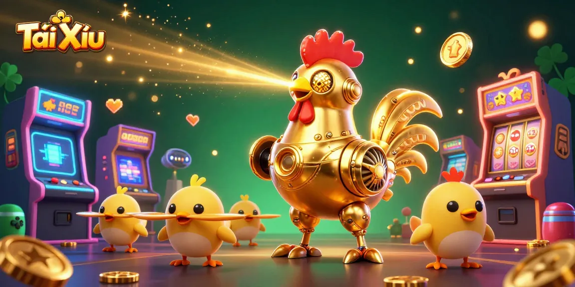 Tài Xỉu game scene featuring a golden rooster robot and baby chick drones amidst colorful arcade elements.