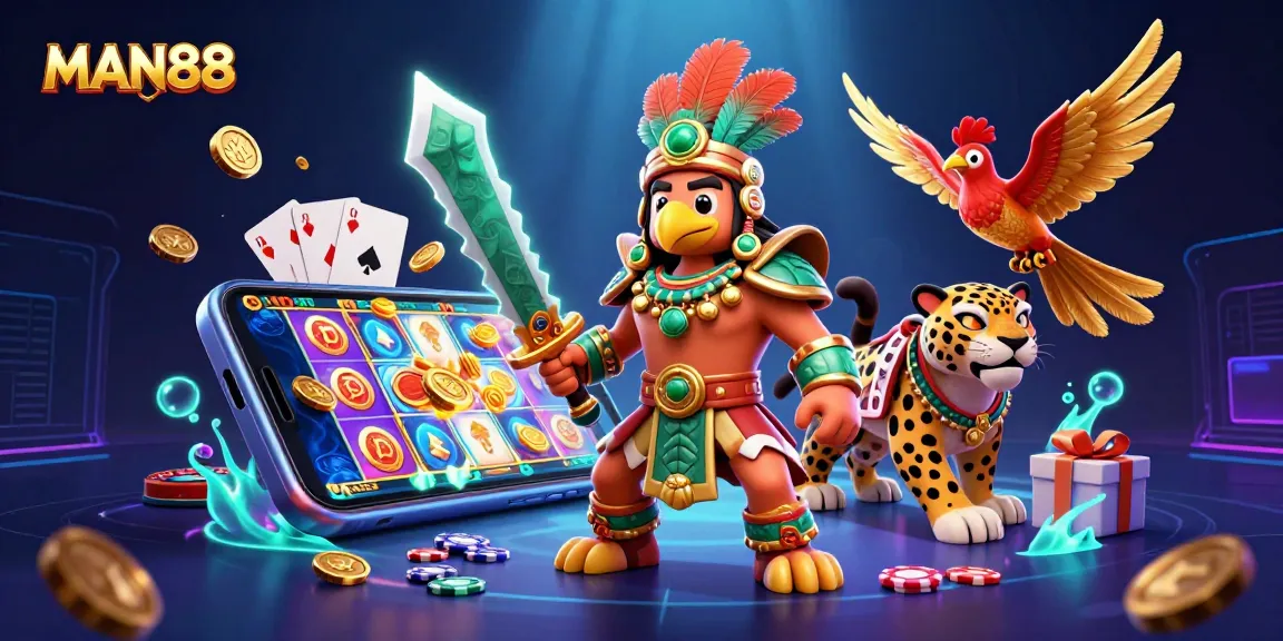 Engage in thrilling casino gaming with MAN88 featuring dynamic characters and vibrant slot elements.
