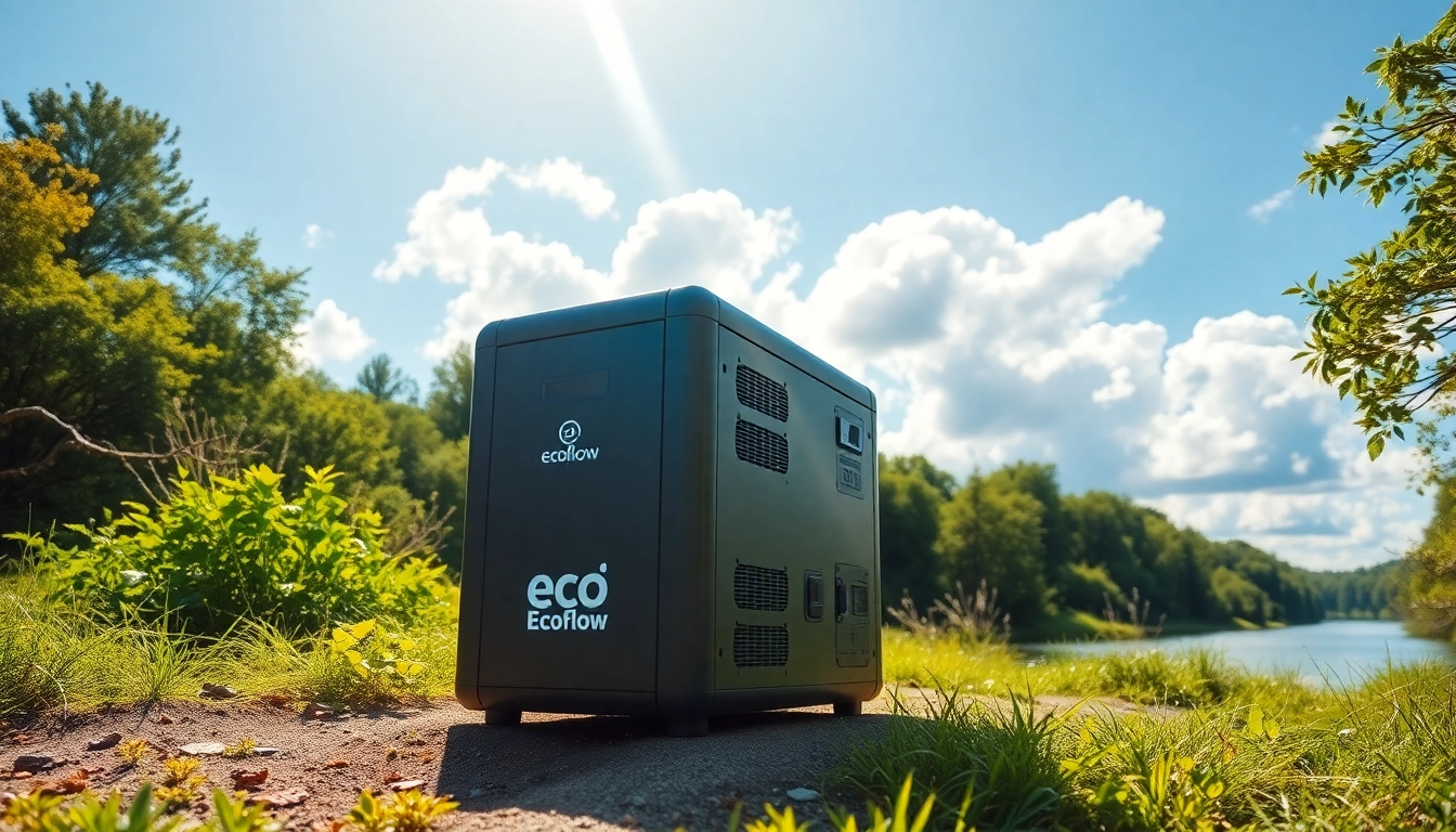 EcoFlow generator powering devices in a scenic outdoor environment, highlighting eco-friendly energy solutions.