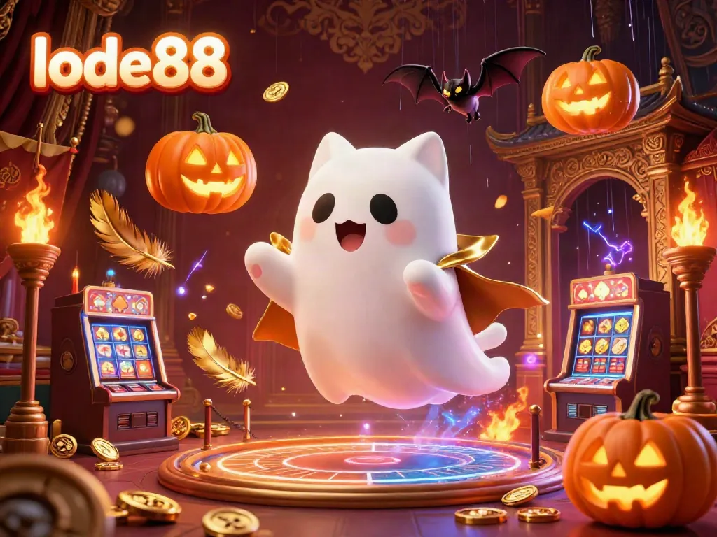 Engage with lode88's thrilling online casino featuring a ghost cat in a vibrant gaming scene.