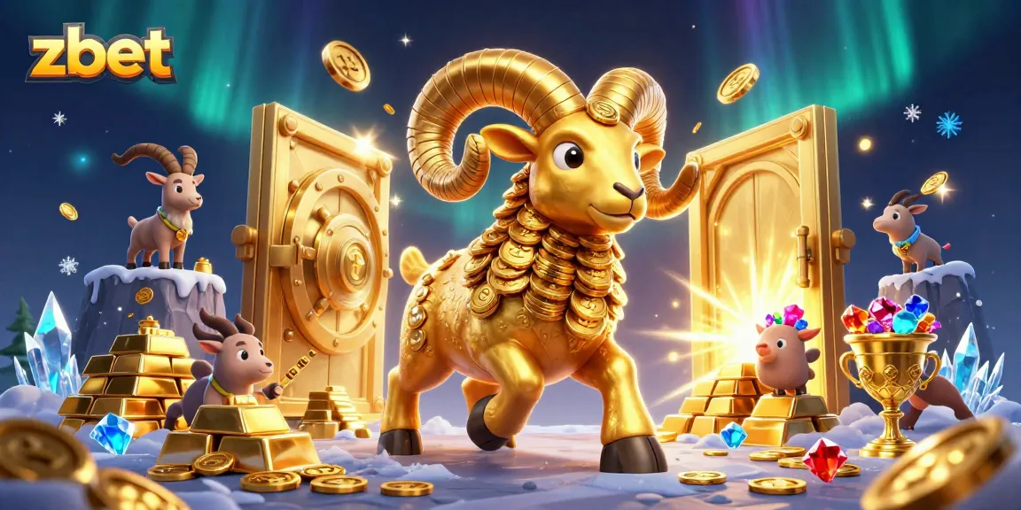 Zbet captures the thrill of gambling with a 3D cartoon golden ram charging through treasures, energizing the scene.