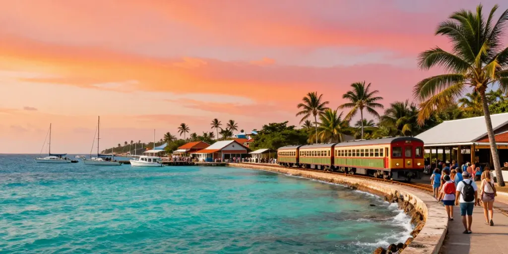One way train ticket concept with scenic coastal village and sunset, inspiring travel.