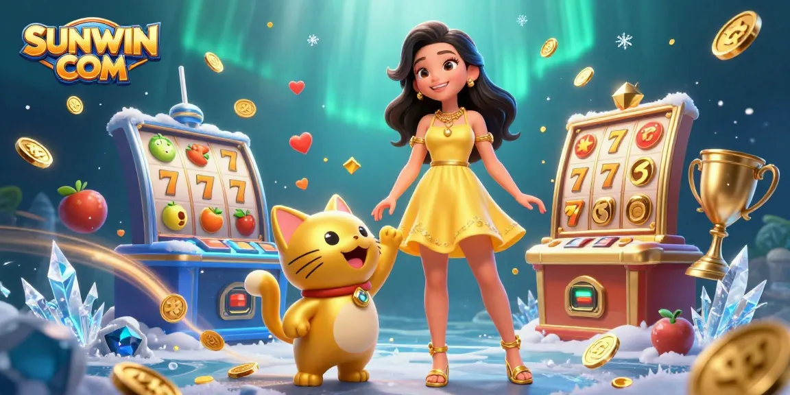 Experience the excitement at SUNWIN COM with an Asian woman interacting with a golden lucky cat and casino symbols.