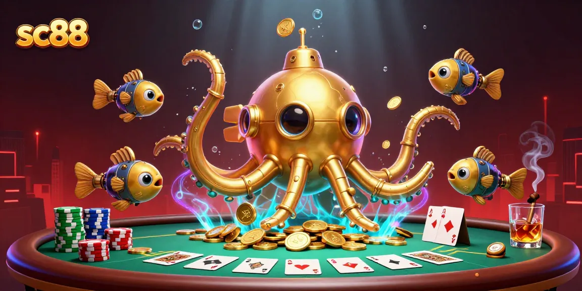 Experience thrilling poker gameplay at sc88 with vibrant golden kraken submarine and dynamic chip stacks.