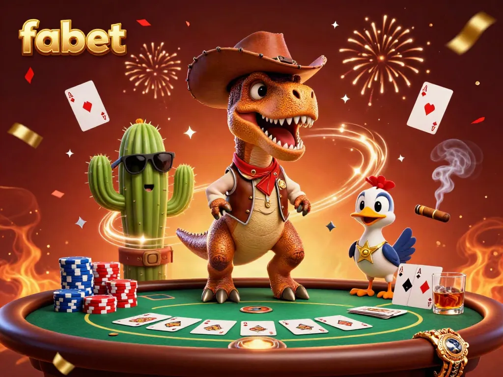 Join the fun at fabet with a dynamic 3D scene featuring a T-Rex cowboy and casino elements.