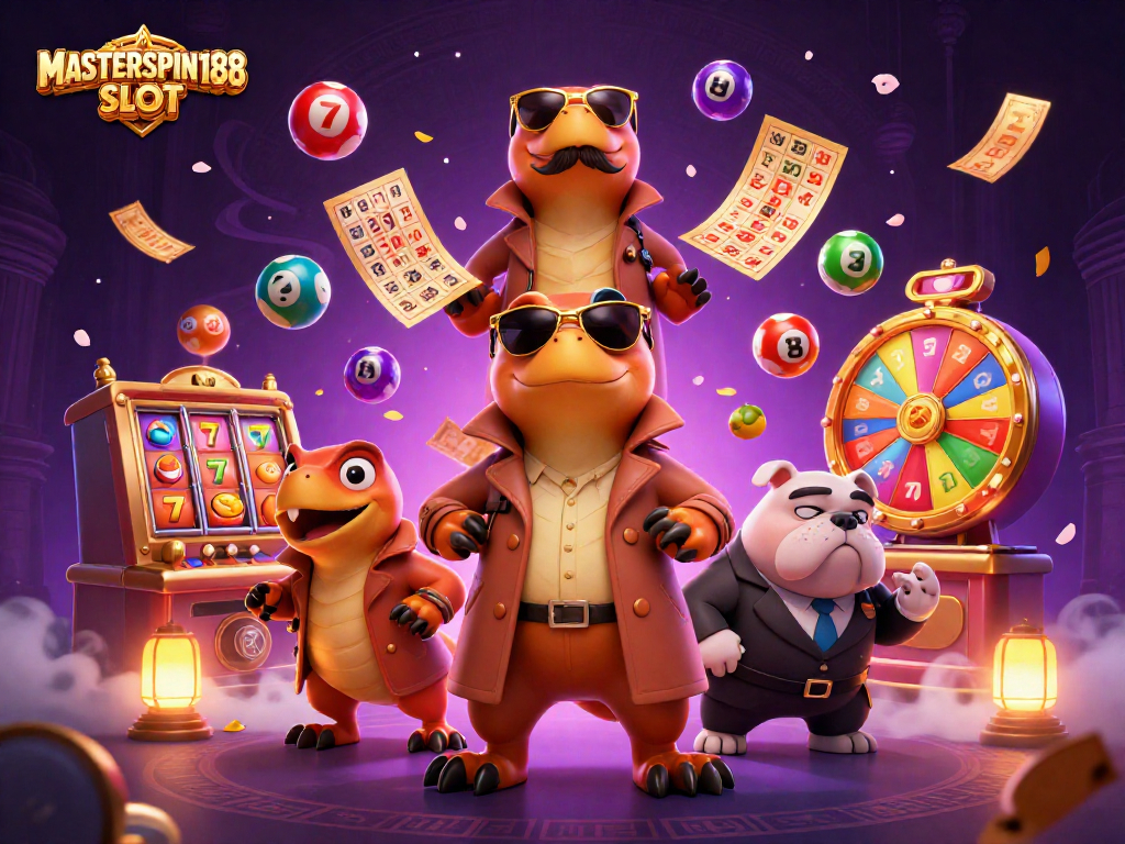 Bet big with MASTERSPIN188 SLOT in a vibrant casino scene packed with colorful gaming elements.