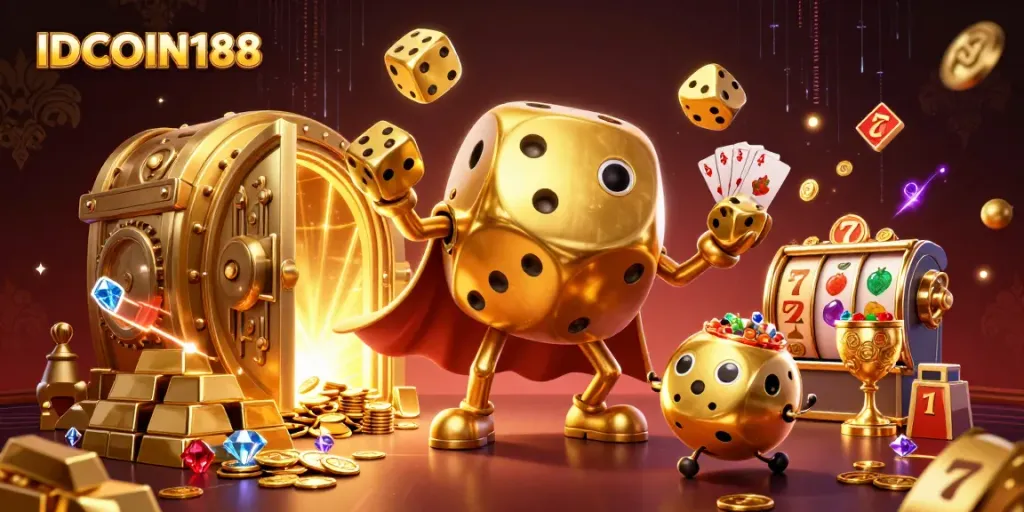 Experience high-quality gaming with IDCOIN188's vibrant slot game scene featuring golden dice and treasure.