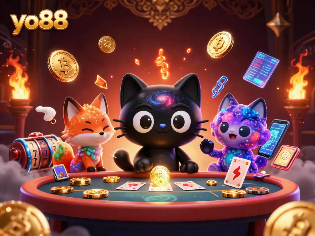 Experience yo88's vibrant casino scene with a black hole cat and colorful fox amidst slot reels and crypto elements.