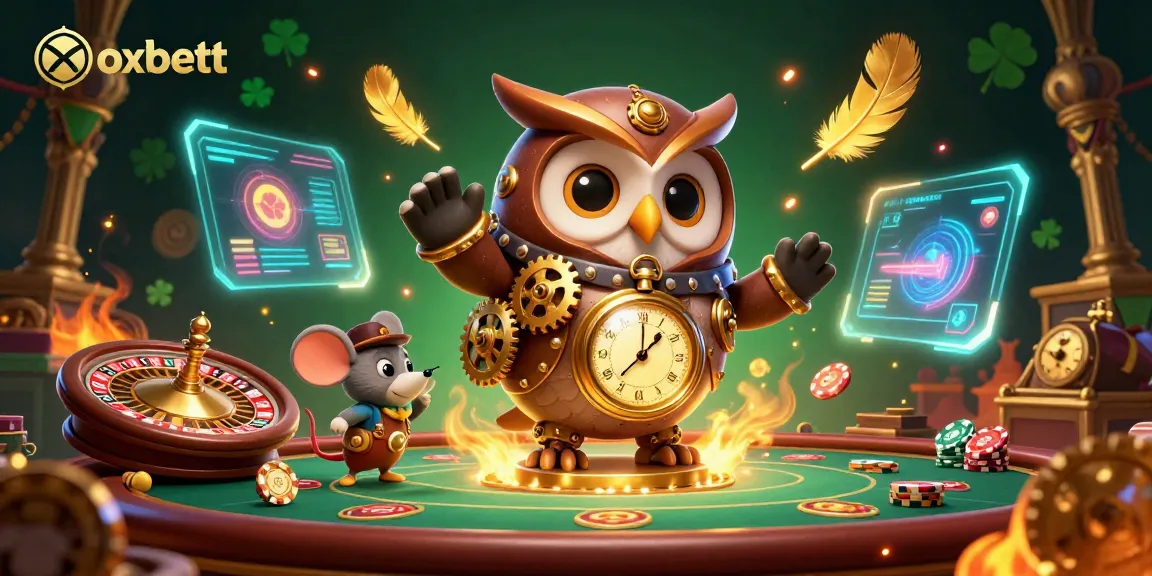 Experience gaming thrills with oxbett's vibrant casino scene featuring a time-traveler owl and steampunk mouse.