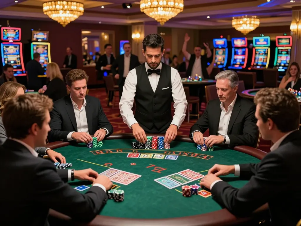 Players engaging in blackjack at a TG88 casino table, showcasing strategic gameplay with colorful chips and warm lighting.