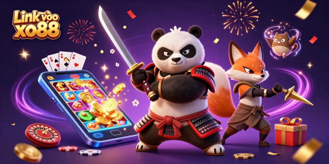 Spin to win with Link vào xo88 featuring samurai panda and ninja fox in a vibrant casino scene.