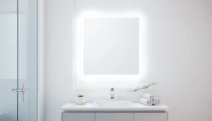 Elevate your space with a striking mirror and led lights reflecting elegance and modernity.