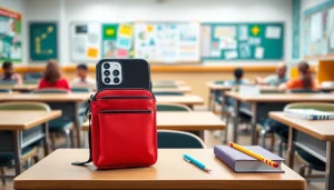 Entdecken Sie die Handytasche Klassenzimmer mit moderner Ausstattung und kreativem Design in einem lebendigen Lernumfeld.