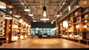Shop ModernLighting with elegant fixtures shining in a stylish contemporary showroom.