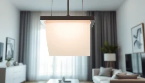 Bright square light fixture illuminating a modern living room setting with minimalistic decor.