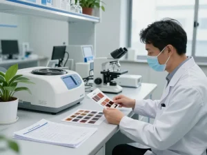 Healthcare professional analyzing MB66 film in a modern research lab setting.