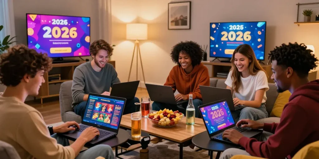 Friends enjoying online gaming at credit card casinos in a cozy lounge.