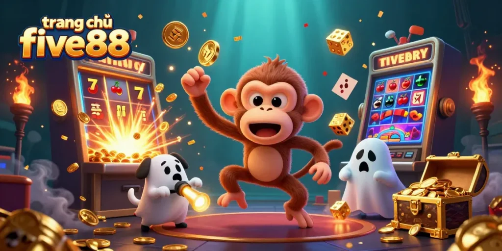 Experience the thrill of trang chủ five88 as a poltergeist monkey juggles winnings in a spooky casino scene.