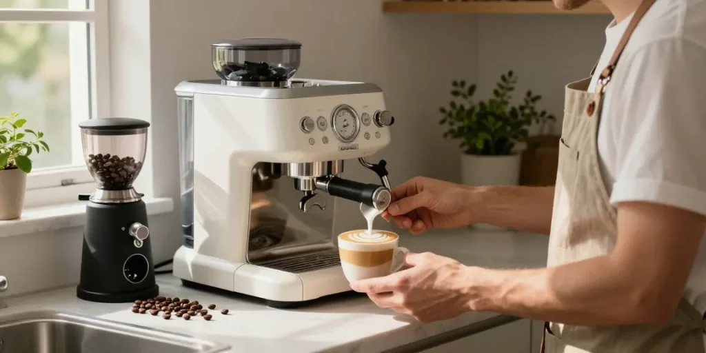 Rokok88 Espresso Machine in a stylish home kitchen while brewing coffee.