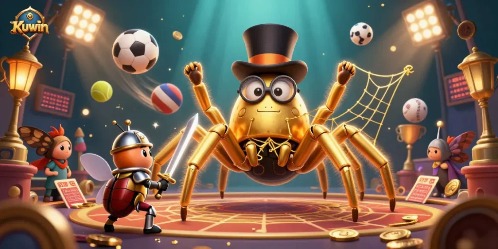 Experience the thrill of Kuwin's casino with a golden tarantula and a knight showcasing excitement.