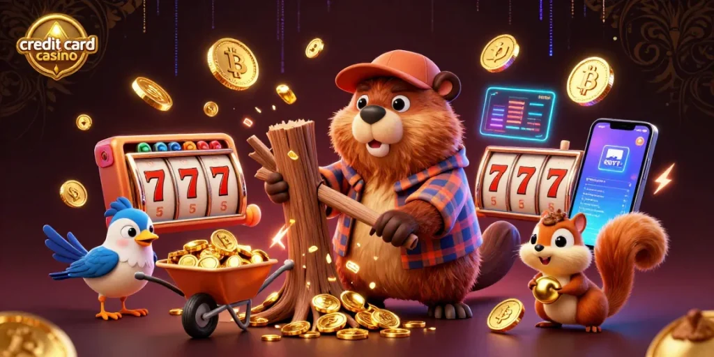 Experience the excitement of a credit card casino with playful characters amidst golden coins and vibrant gaming elements.
