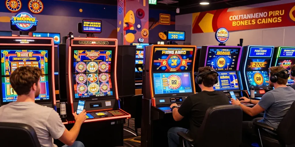 Dynamic non UK casino gaming scene with diverse players engaging in online gambling activities.