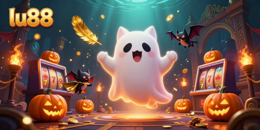 Spin the reels at lu88 with ghost cat and glowing jackpots in a haunted casino scene.